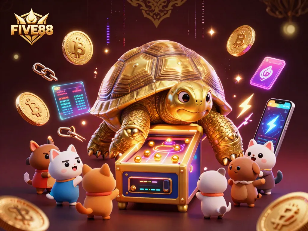 Experience exciting gameplay with FIVE88's dynamic 3D casino scene showcasing vibrant elements.