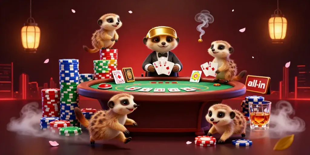 Experience Nổ hũ with a playful meerkat casino scene featuring card dealers, chips, and an engaging atmosphere.