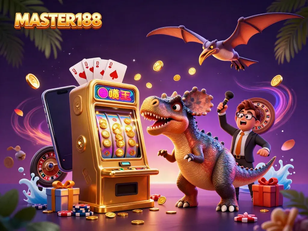 Experience MASTER188's dynamic gaming scene with cartoon dinosaurs winning jackpots.