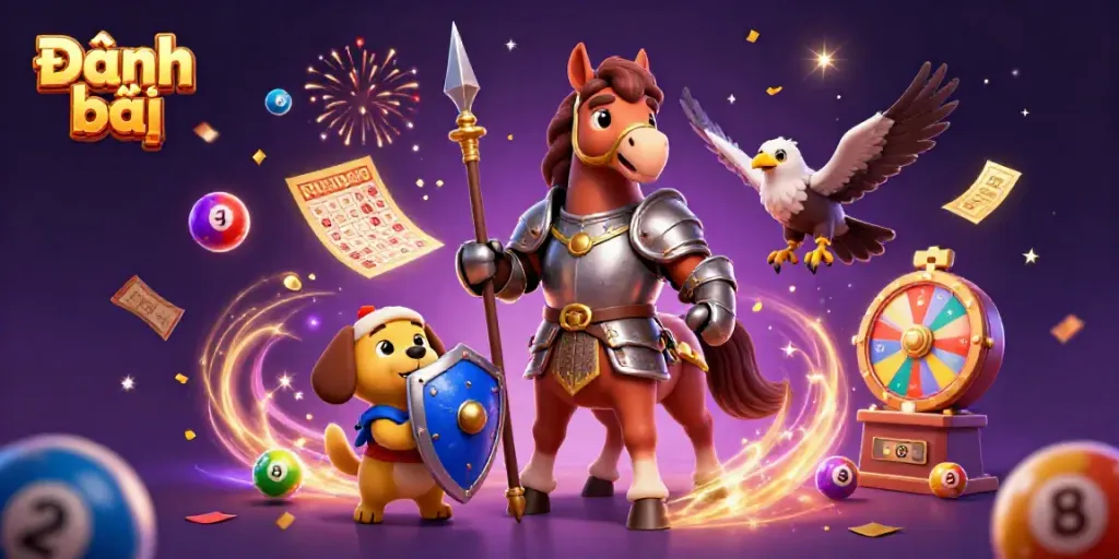 Experience Đánh bài action with a knight and puppy amidst colorful lottery elements.