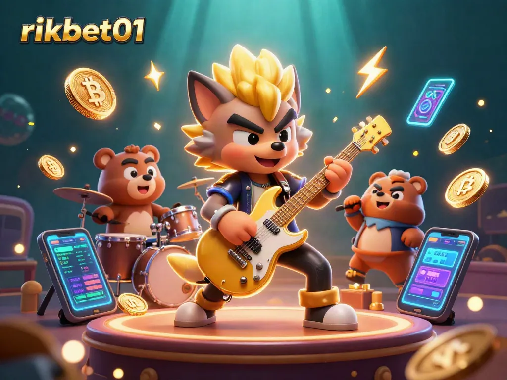 Experience the thrill of rikbet01 with an energetic casino stage scene featuring cartoon characters and crypto elements.