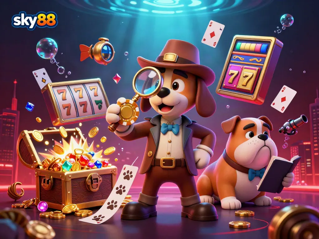 Explore the vibrant world of sky88 with a 3D detective and bulldog analyzing poker clues among casino treasures.