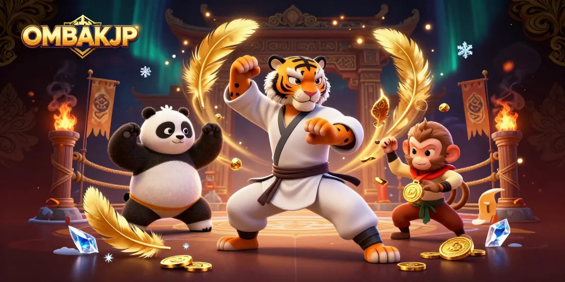 Engage with OMBAKJP in a vibrant 3D scene showcasing a kung fu tiger and friends amidst energetic casino elements.
