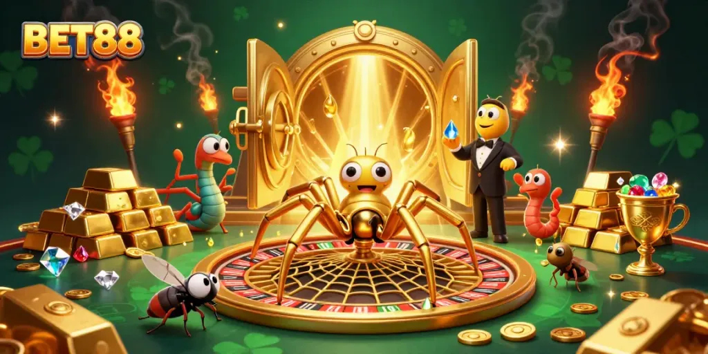 Experience the thrill of BET88 with a dynamic casino scene featuring a golden spider and treasures.