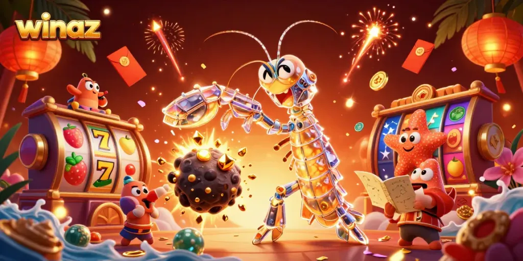 Winaz slots scene featuring a samurai mantis shrimp and a starfish amidst gold coins and spinning reels.