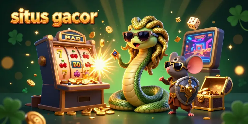Situs gacor menghadirkan permainan slot online menarik dengan ilustrasi Medusa dan mouse pejuang di kasino.