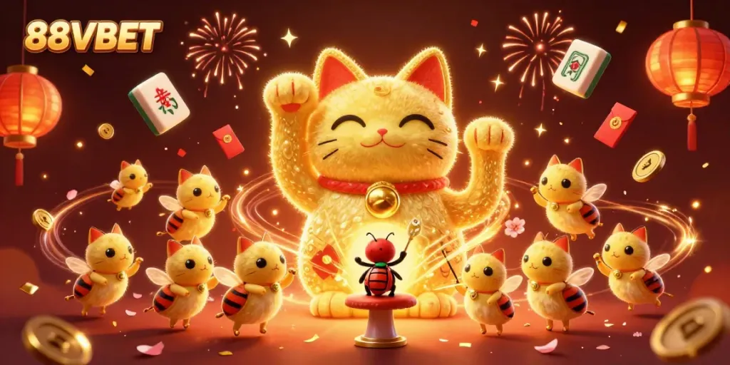 Experience the excitement of casino gaming with 88VBET's vibrant golden lucky cat and dynamic symbols.