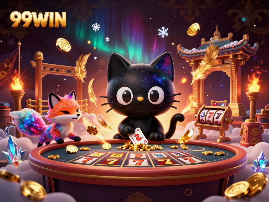 Engage with the magical world of 99WIN as a cosmic cat pulls in casino winnings, reflecting vibrant gaming action.