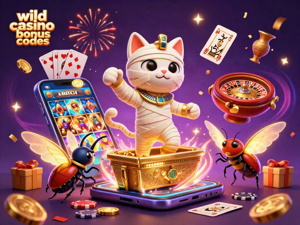 Experience exciting wild casino bonus codes while a cartoon mummy cat erupts from a sarcophagus!