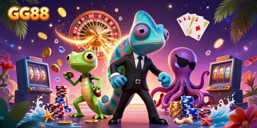 Experience the thrilling GG88 casino scene with vibrant characters and dynamic gaming elements.