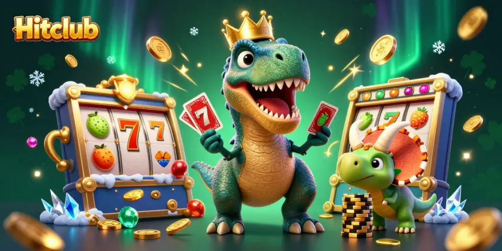 Hitclub features a vibrant 3D illustration with T-Rex and friends engaging in exciting slot games, showcasing dynamic gameplay.