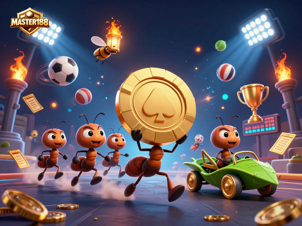 Experience thrilling gameplay with MASTER188 as ants transport a giant poker chip in a dynamic scene.