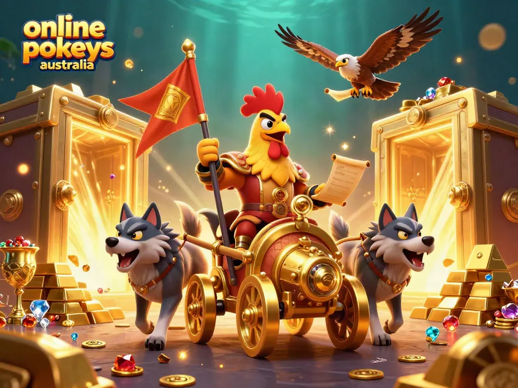 Engaging 3D illustration showcasing online pokies Australia with a rooster warlord, treasure elements, and dynamic effects.