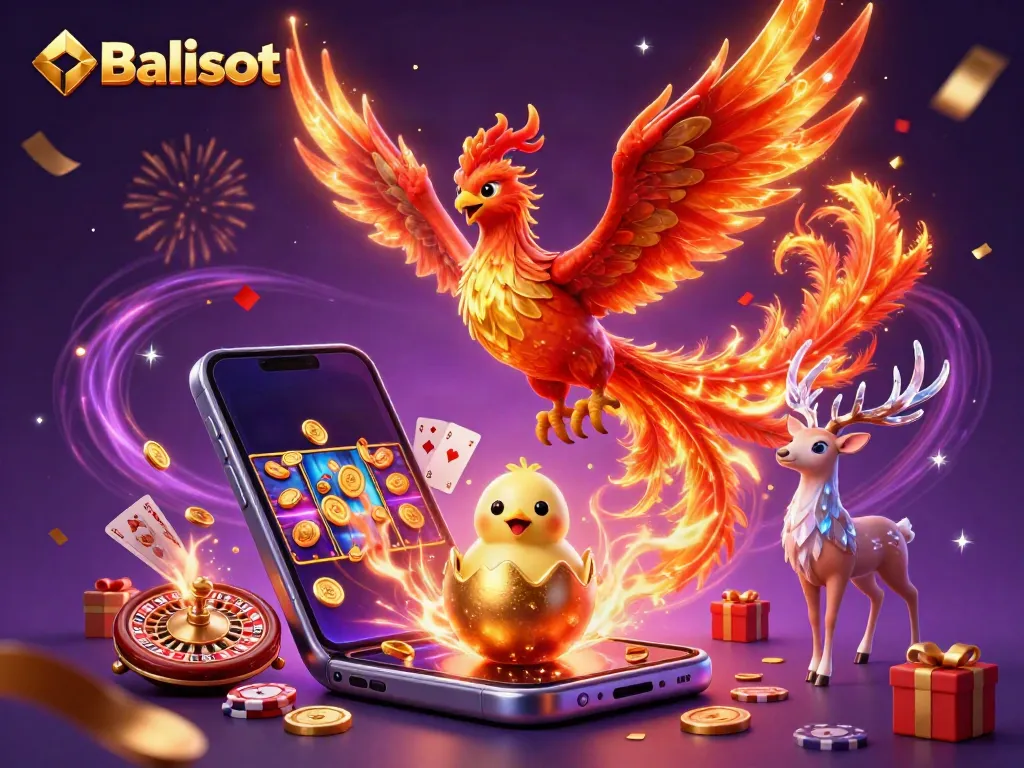 Balislot showcases a vibrant 3D illustration of a phoenix and casino elements, emphasizing joyful gameplay.