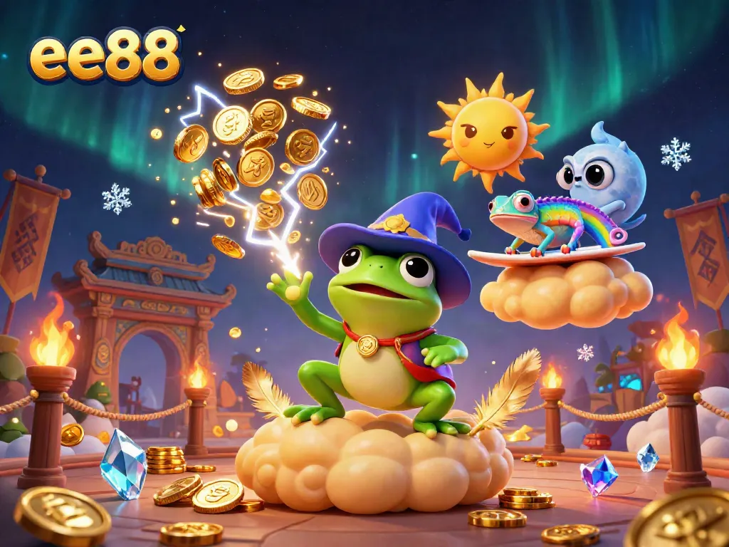 Experience the exciting gaming world of ee88, featuring a colorful 3D scene with characters amidst a storm of coins.