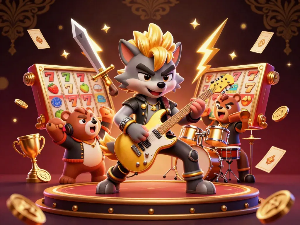 Experience the excitement of nhà cái shbet with a dynamic casino stage featuring a rock star wolf and drummer bear.