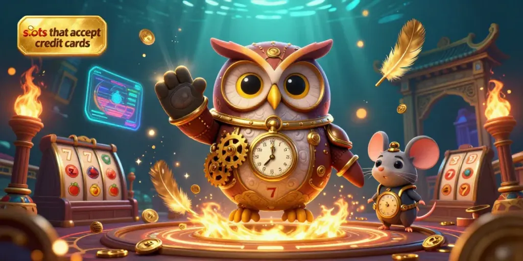 Engage with the vibrant slots that accept credit cards scene featuring a steampunk owl and dynamic casino elements.
