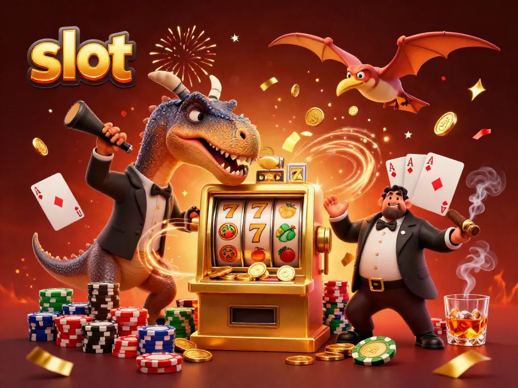 Slots come alive as a pachycephalosaurus activates a slot machine, coins flying.