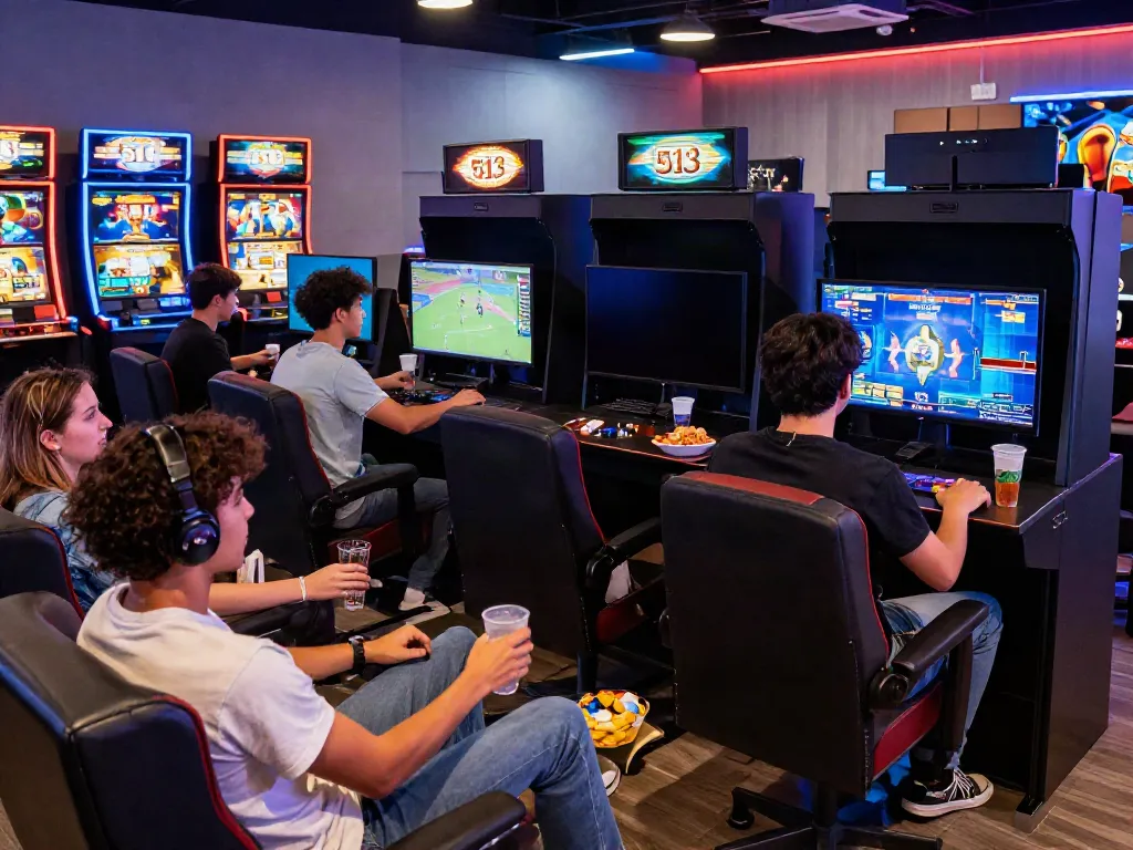 Friends enjoying a lively gaming session at 513 Slots with colorful screens.