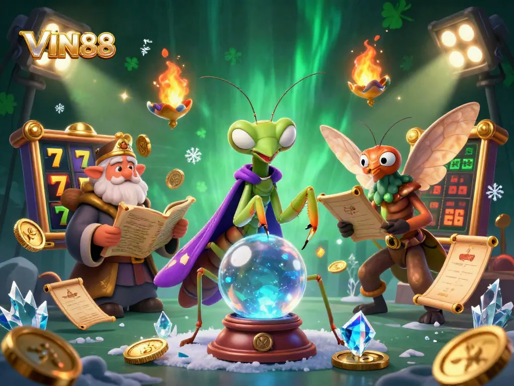 Experience the thrilling world of VIN88 with vibrant slot reels and fortune-telling characters in action.