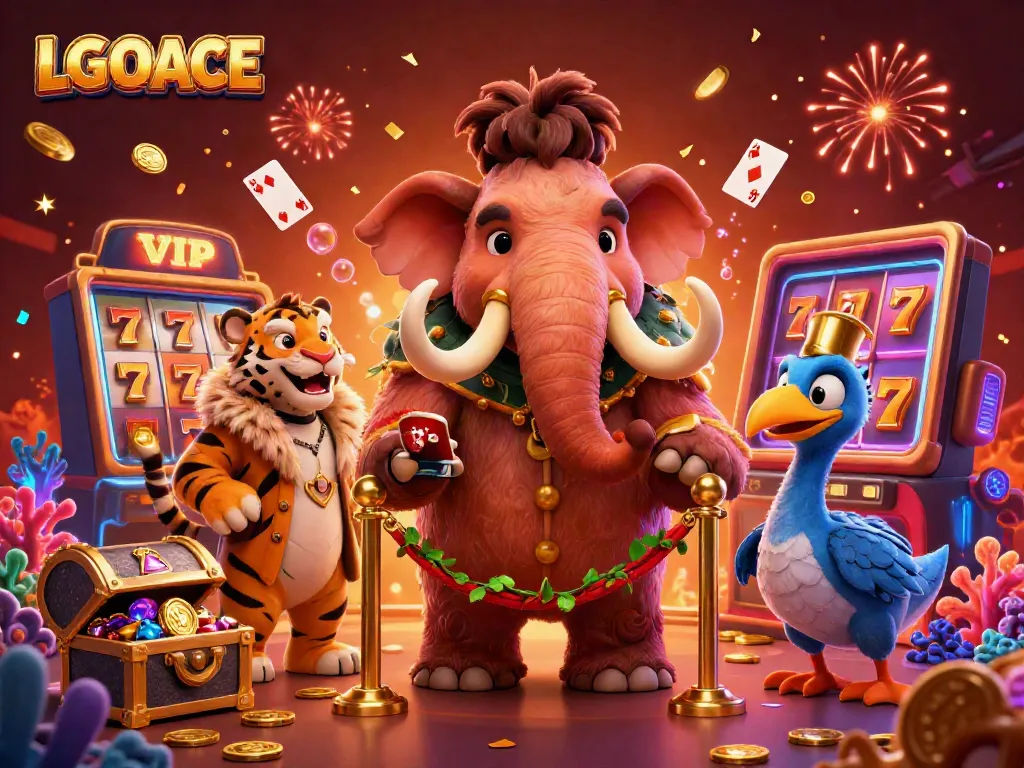 LGOACE casino illustration showcasing a mammoth bouncer, saber-toothed tiger VIP, and dodo doorman amid vibrant gaming elements.