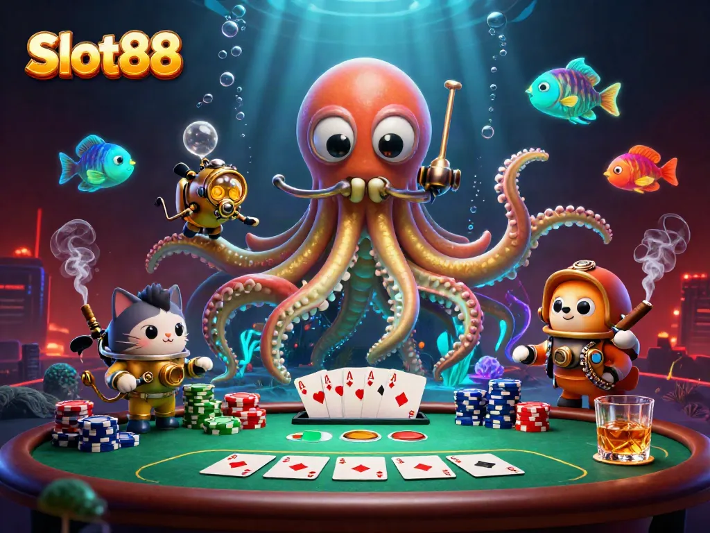 Menangkan Slot88 dengan grafis 3D kartun, menampilkan karakter kraken, ikan bioluminescent, dan permainan poker yang dinamis.