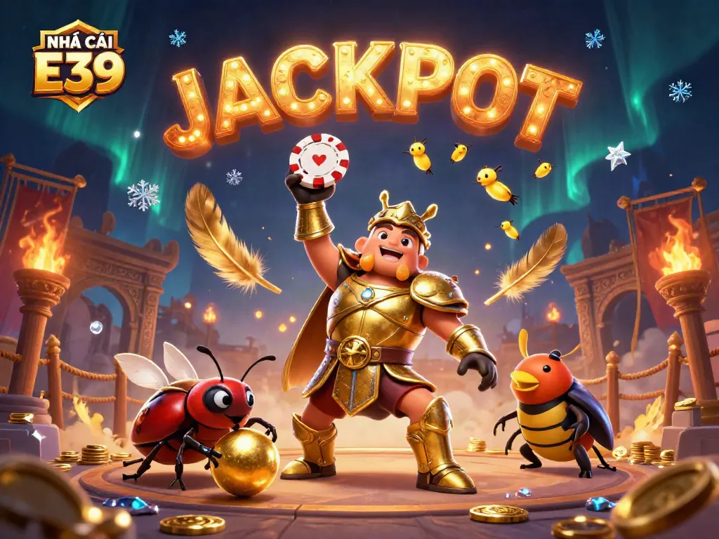 Engaging NHÀ CÁI E39 illustration featuring a victorious beetle with poker chip and dynamic betting elements.