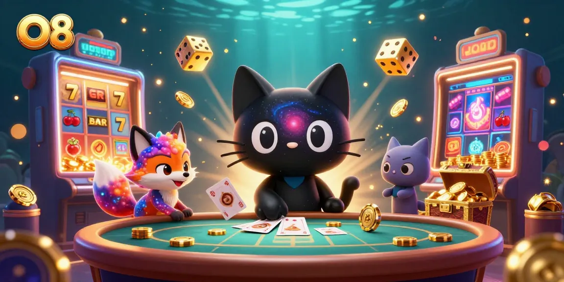 Engage with the enchanting O8 casino scene showcasing a cosmic table filled with winning slots.