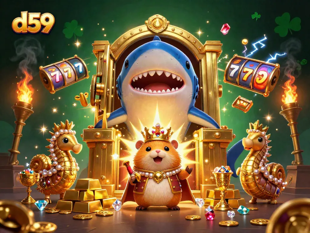Experience thrilling gaming with d59's vibrant scene of a hamster king surrounded by treasure and slot reels.