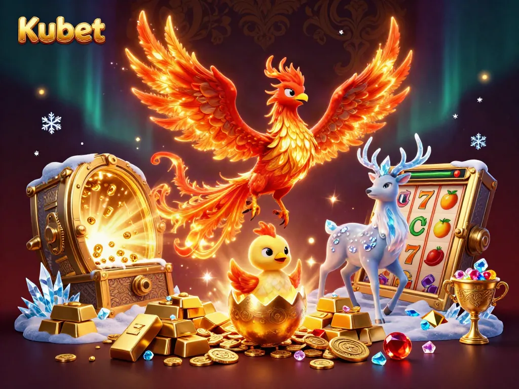 Kubet casino-themed 3D illustration featuring a fire phoenix, baby phoenix, and mystical stag amidst slot machines and treasures, presenting wealth and excitement.