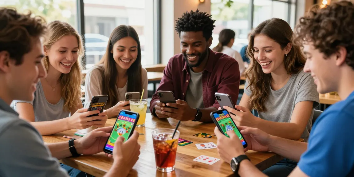 Excited friends get app for Teen Patti Vegas enjoying mobile gaming together in a lively café.