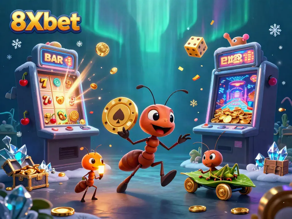Experience the excitement of 8Xbet with a heist scene featuring ants, gold poker chips, and vibrant casino chaos.