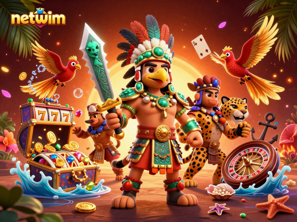 Experience vibrant wins with netwim's slot scene, featuring Aztec warriors and gold.