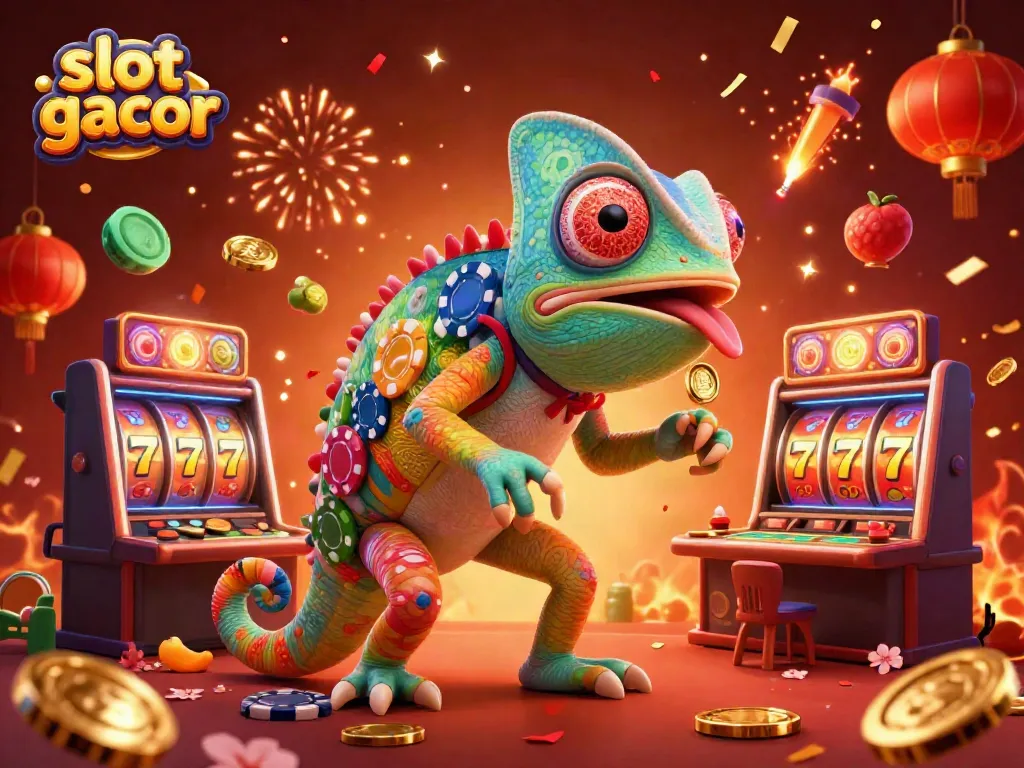 Experience the excitement of slot gacor with a vibrant casino scene featuring a chameleon owner and spinning slot reels.