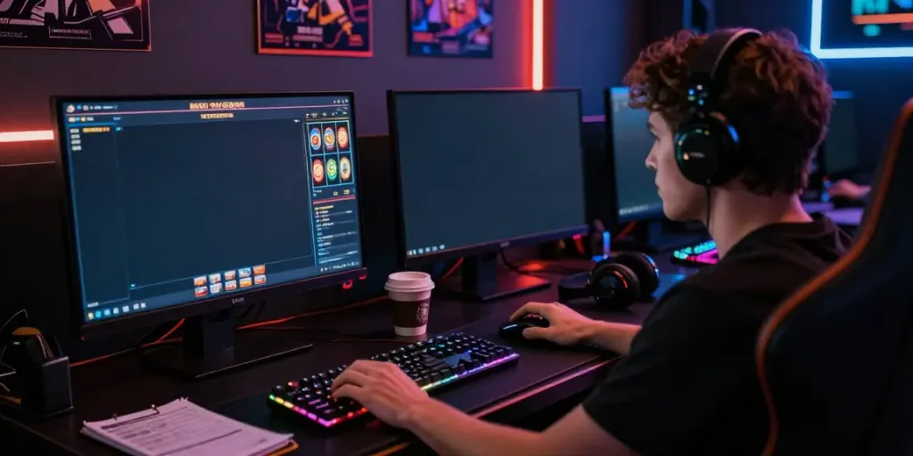 Engaged gamer enjoying a slot gacor game on a high-resolution monitor in an immersive setup.