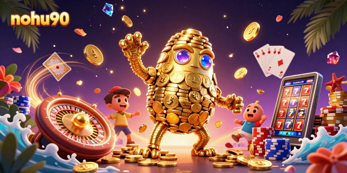 Engage with the thrilling world of nohu90 featuring a golden golem among vibrant casino elements.