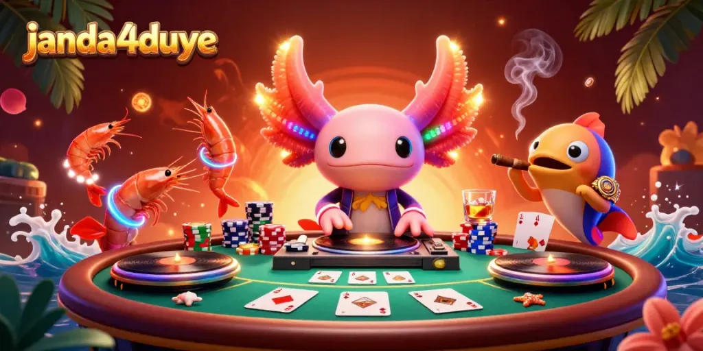 Menghadirkan suasana seru janda4duye dengan DJ axolotl neon dan permainan kartu poker yang memukau.