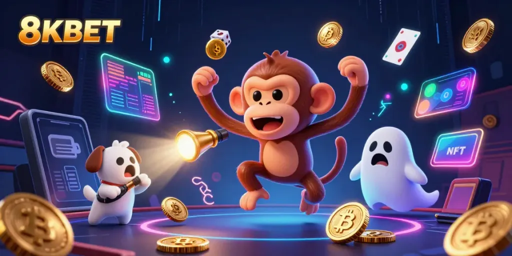 Engage with 8KBET's thrilling gaming scene featuring a playful ghost and crypto coins, showcasing online casino excitement.