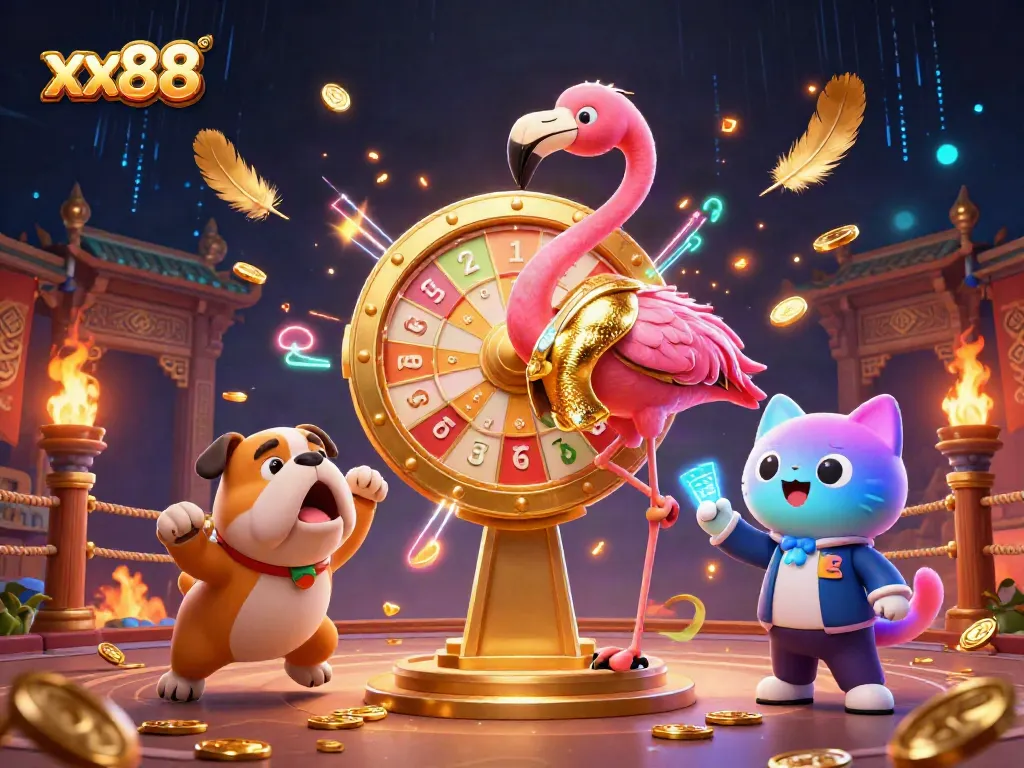 Exciting xx88 gaming scene featuring a flamingo host, bulldog contestant, and prize wheel.