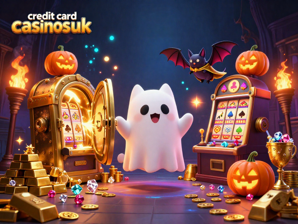Experience the thrill of credit card casinos uk with vibrant ghost cat and treasure in a haunted casino.