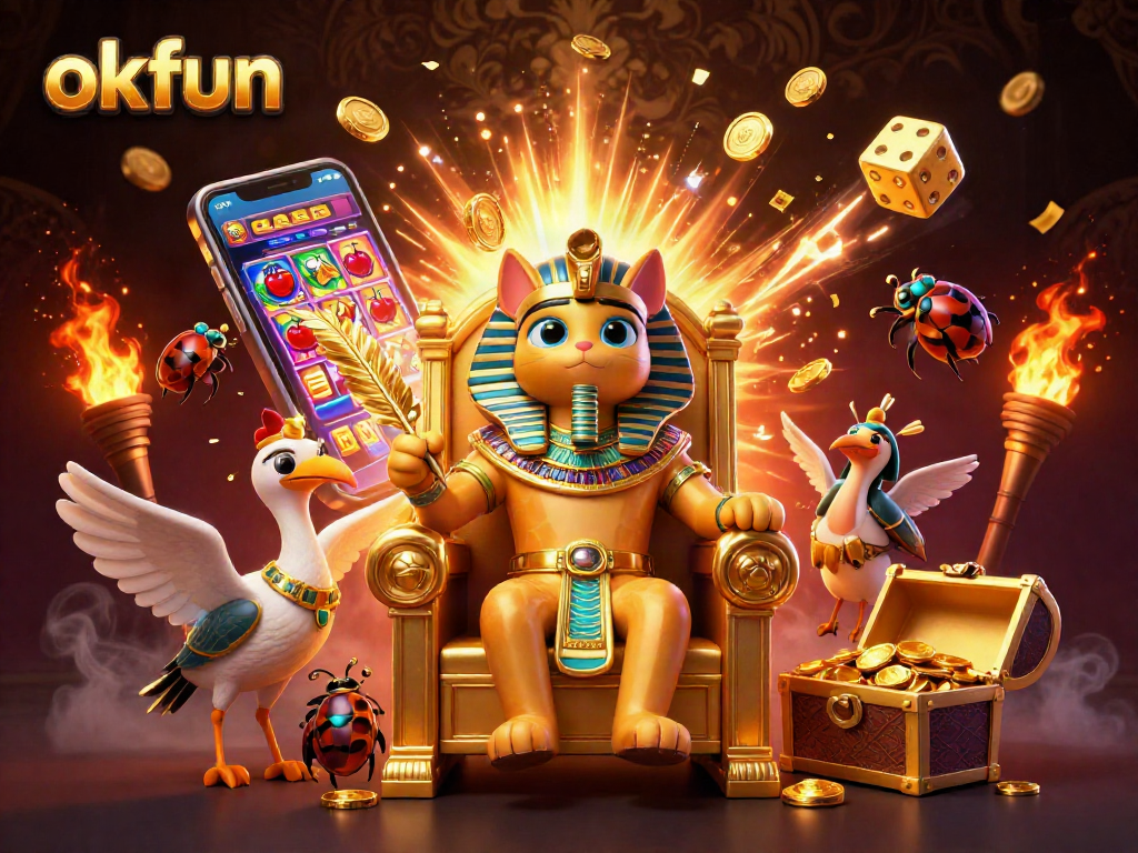 Experience exciting wins at okfun with a vibrant 3D casino illustration featuring dynamic slot machines and captivating characters.