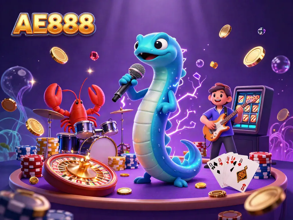 Experience the vibrant AE888 underwater casino with an electric eel DJ and colorful sea creatures.