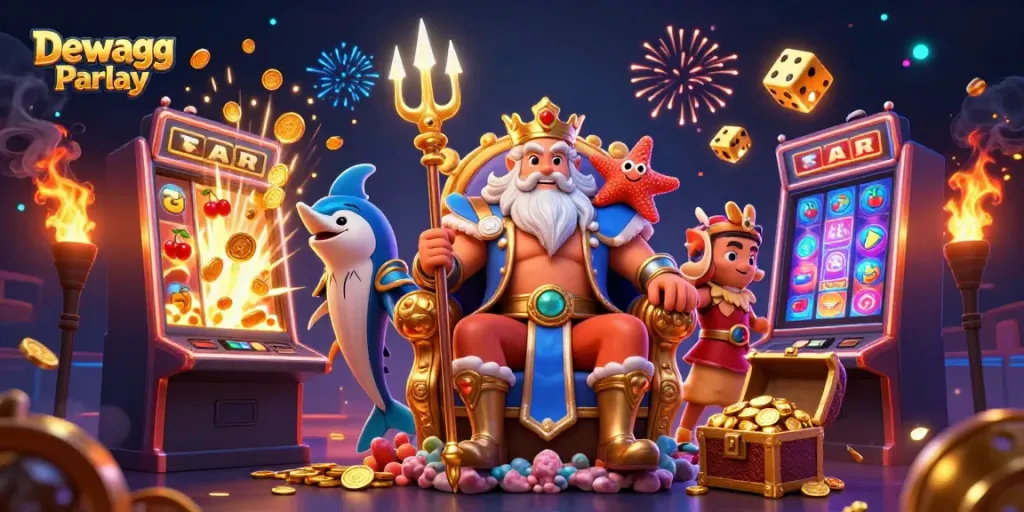 Experience the excitement of Dewagg Parlay with Neptune and gaming symbols in a vibrant casino scene.