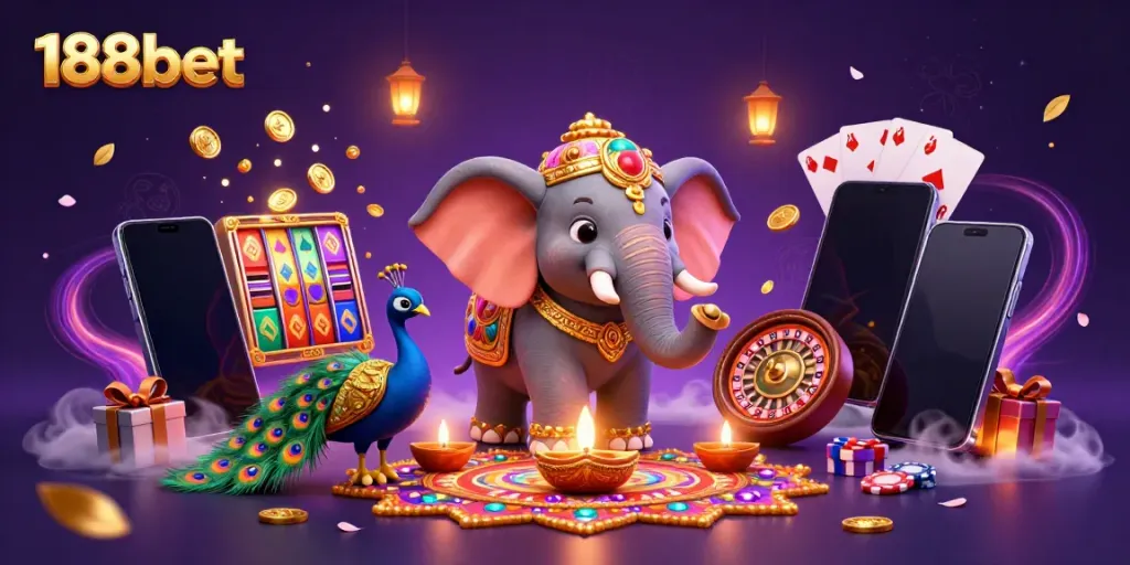 Experience vibrant gaming fun at 188bet with immersive 3D casino elements and festive characters.