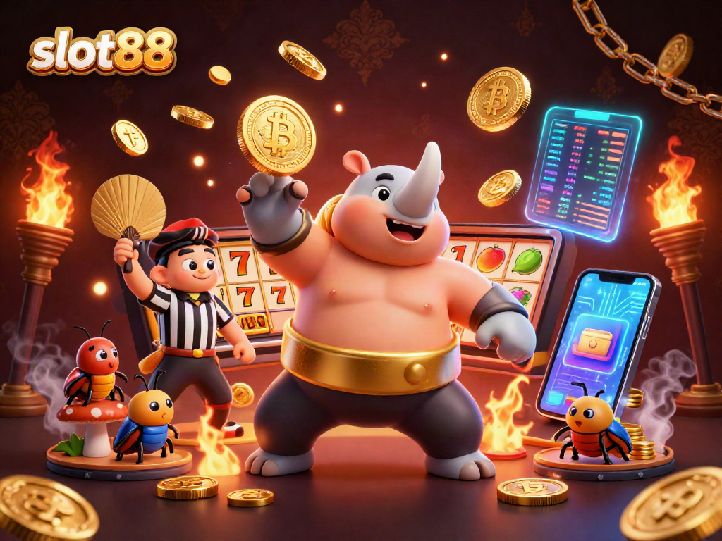 Engage in slot88 action as a sumo beetle champion sends coins flying in a vibrant casino scene.