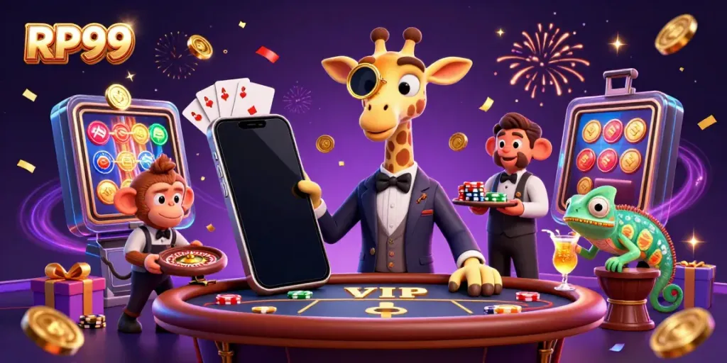 RP99 immersive gambling scene with high-roller giraffe, monkey valet, and cocktail bartender