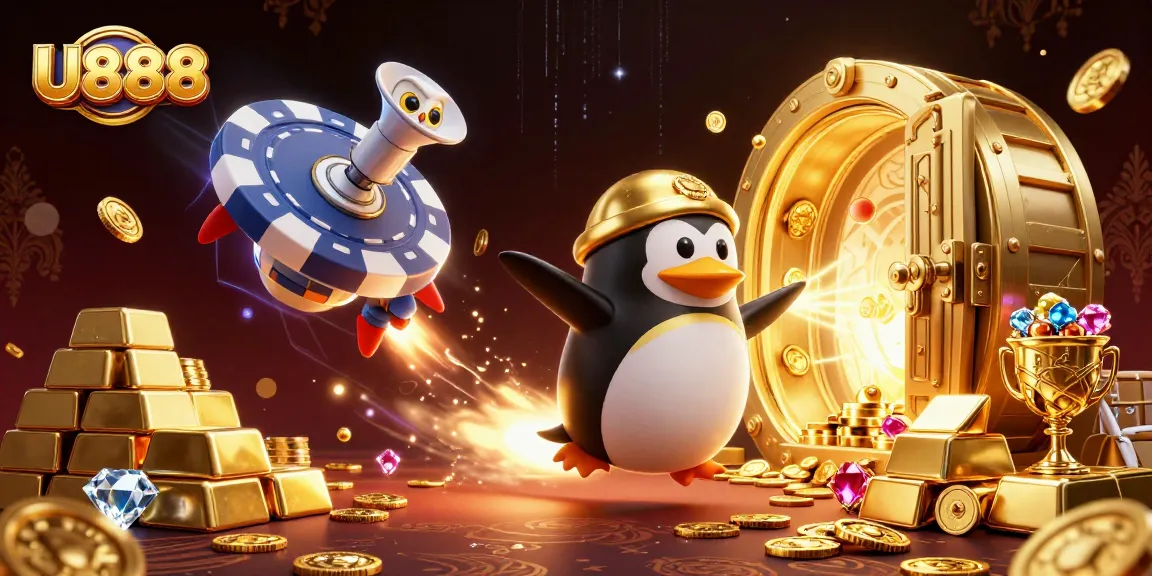 Experience thrilling wins at U888 with a vibrant 3D casino scene featuring a golden penguin and treasure.