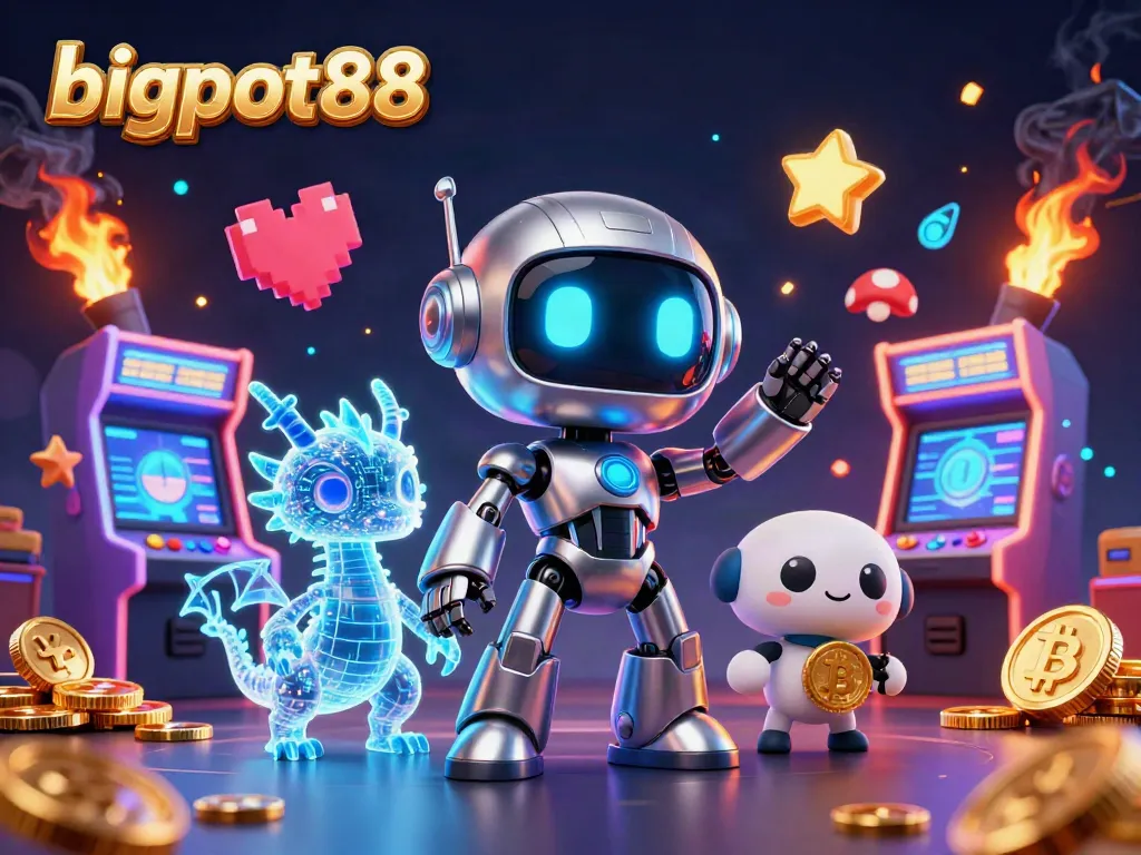 bigpot88 memperlihatkan robot cyberpunk, naga holografis dan drone dalam suasana kasino yang megah.