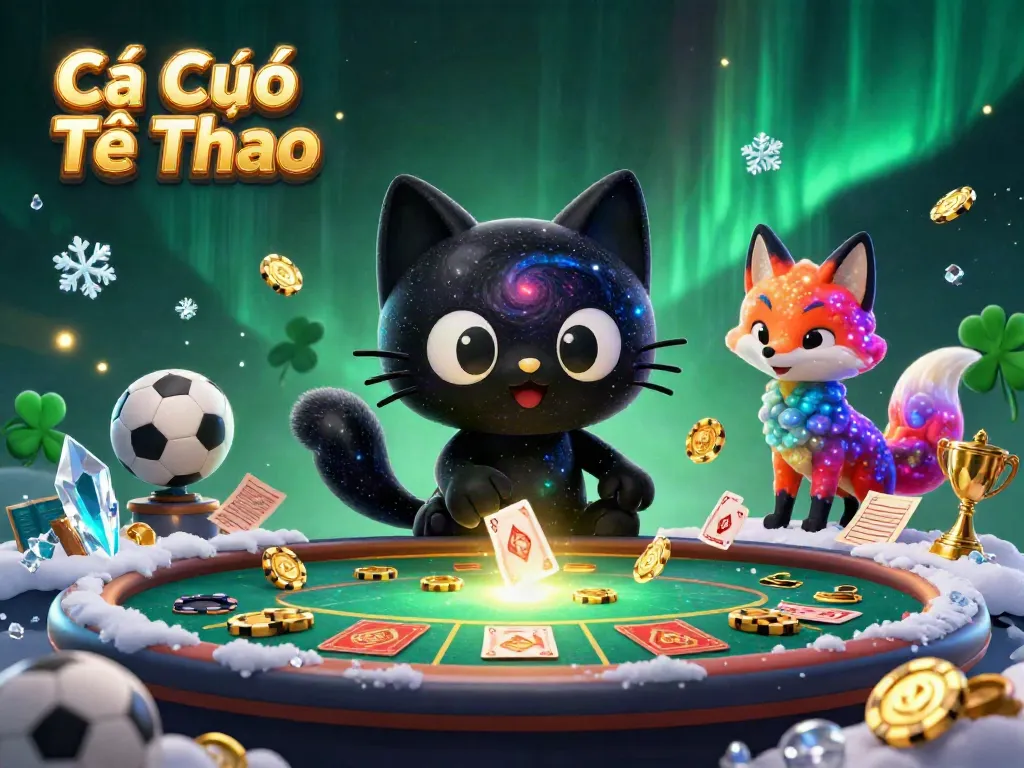 Cá Cược Thể Thao 3D cartoon illustration showcasing a sports betting cosmic scene with betting slips and trophies.