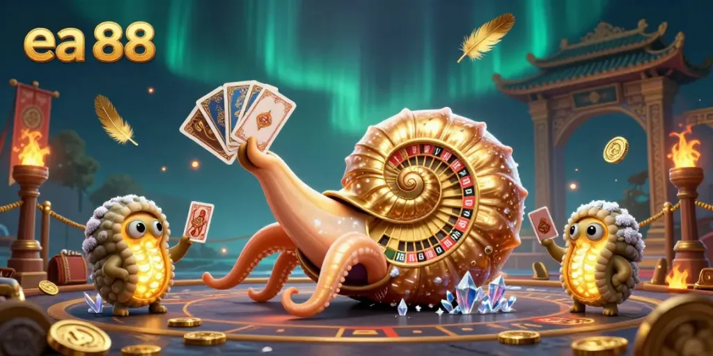 Experience winning moments with the vibrant casino scene featuring ea 88, showcasing a dynamic nautilus roulette and glowing companions.